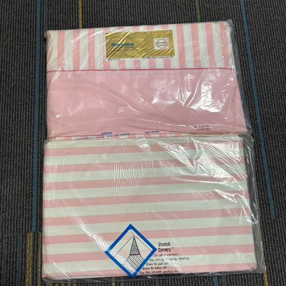 Vintage Stevens Fine Combed Percale Pink Stripe Double Bed Sheet Set‎ New